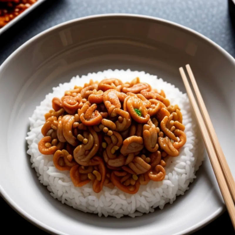  A plate of stir-fried loofah with dried shrimp sits on a table alongside a bowl of white rice. A pair of chopsticks rests on the plate, ready to be used.
